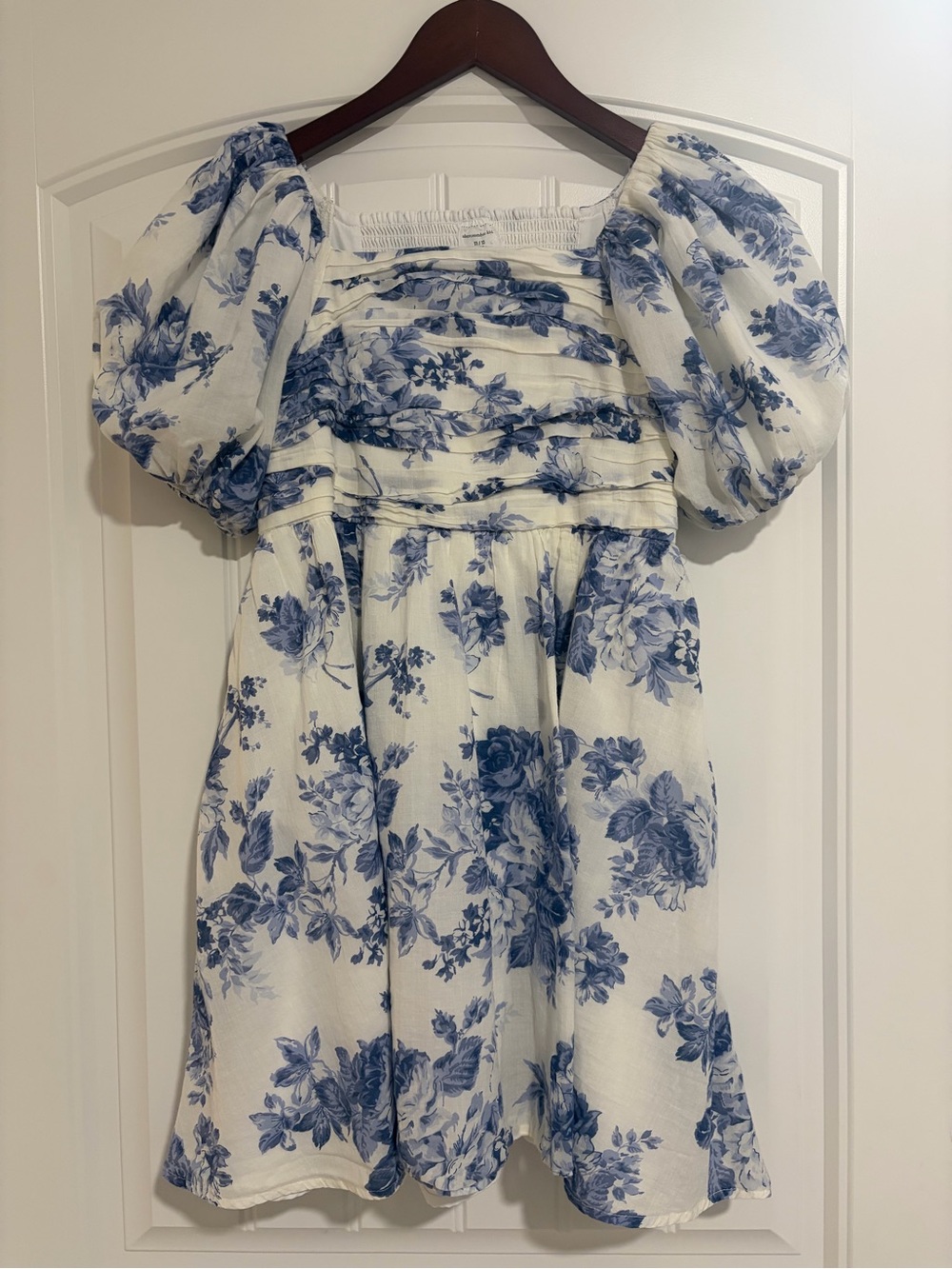 abercrombie kids White Mini Dress with Blue Floral Print and Puff Sleeves